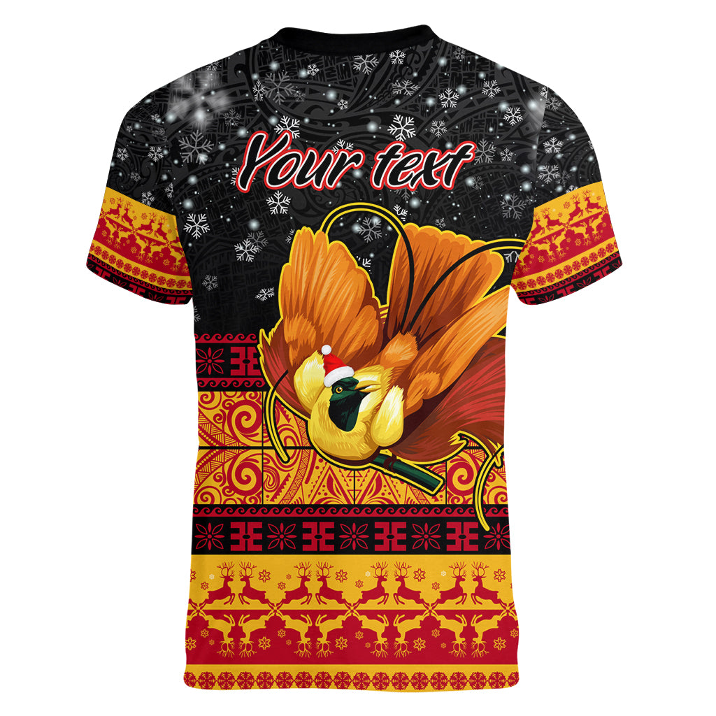 Personalised PNG Hamamas Krismas Women V Neck T Shirt Papua New Guinea Bird Of Paradise Merry Christmas Black Style - Wonder Print Shop