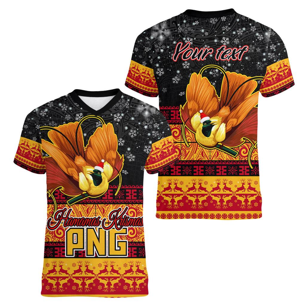Personalised PNG Hamamas Krismas Women V Neck T Shirt Papua New Guinea Bird Of Paradise Merry Christmas Black Style - Wonder Print Shop