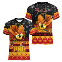 Personalised PNG Hamamas Krismas Women V Neck T Shirt Papua New Guinea Bird Of Paradise Merry Christmas Black Style - Wonder Print Shop