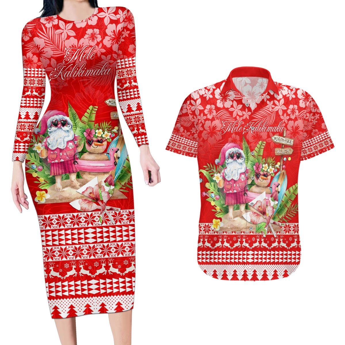 Personalised Hawaii Mele Kalikimaka Couples Matching Long Sleeve Bodycon Dress and Hawaiian Shirt Santa Beach Merry Christmas LT9 - Wonder Print Shop