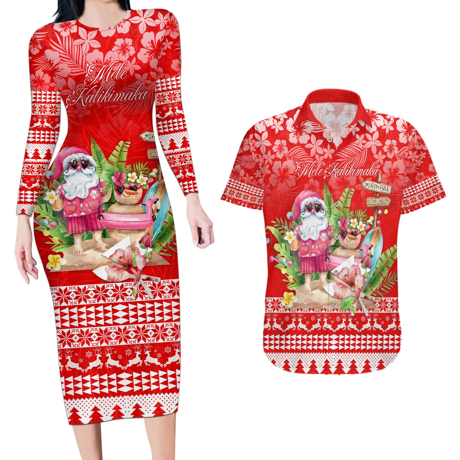 Personalised Hawaii Mele Kalikimaka Couples Matching Long Sleeve Bodycon Dress and Hawaiian Shirt Santa Beach Merry Christmas LT9 - Wonder Print Shop