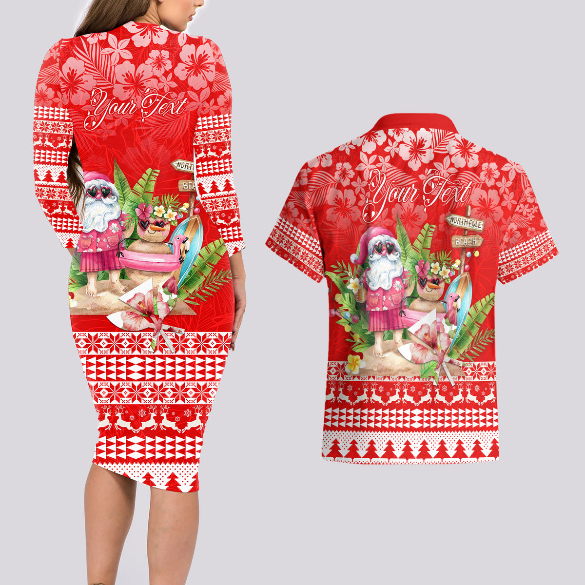 Personalised Hawaii Mele Kalikimaka Couples Matching Long Sleeve Bodycon Dress and Hawaiian Shirt Santa Beach Merry Christmas LT9 - Wonder Print Shop