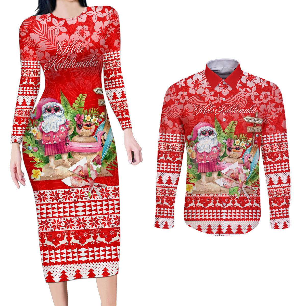 Personalised Hawaii Mele Kalikimaka Couples Matching Long Sleeve Bodycon Dress and Long Sleeve Button Shirt Santa Beach Merry Christmas LT9 - Wonder Print Shop