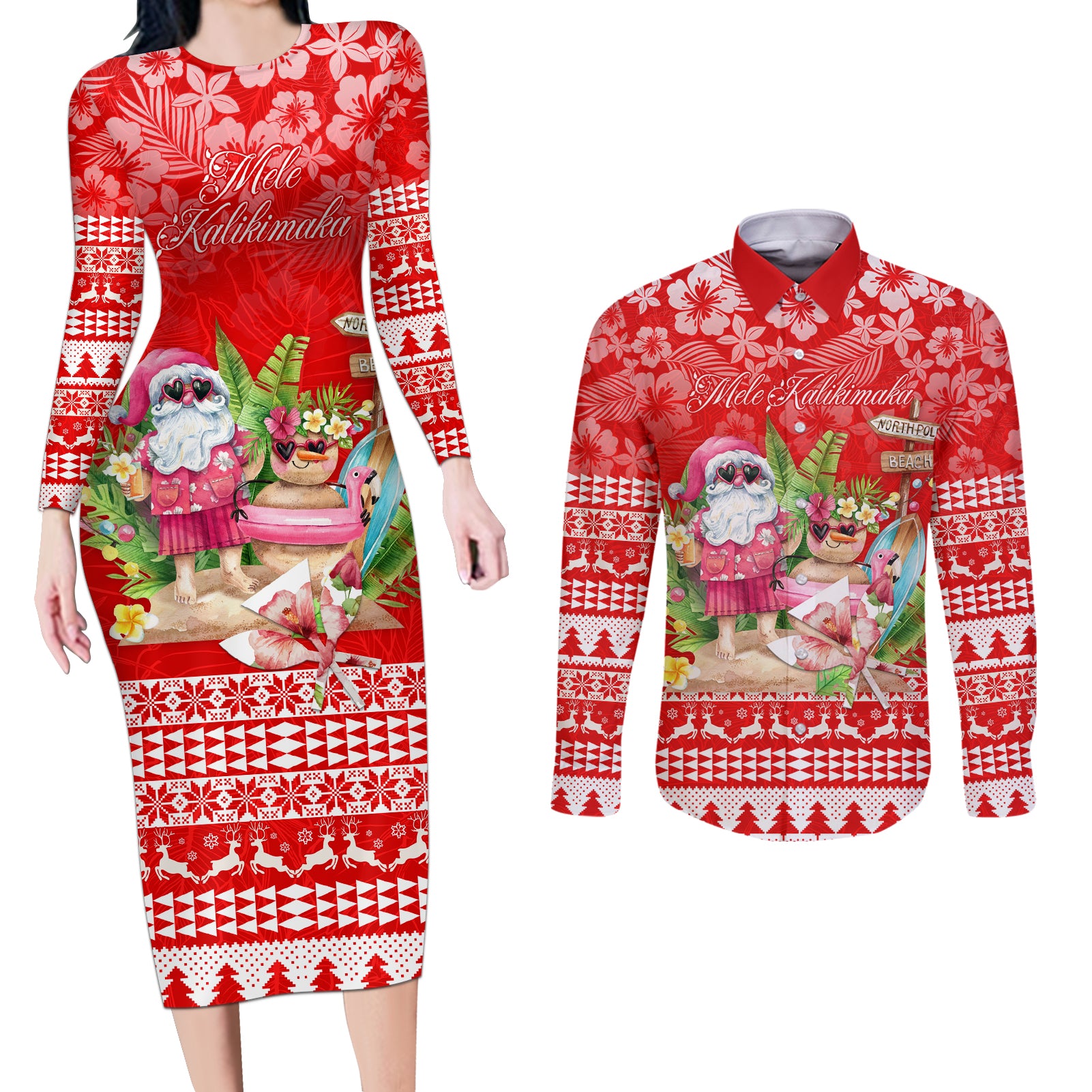 Personalised Hawaii Mele Kalikimaka Couples Matching Long Sleeve Bodycon Dress and Long Sleeve Button Shirt Santa Beach Merry Christmas LT9 - Wonder Print Shop