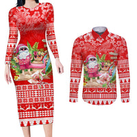 Personalised Hawaii Mele Kalikimaka Couples Matching Long Sleeve Bodycon Dress and Long Sleeve Button Shirt Santa Beach Merry Christmas LT9 - Wonder Print Shop