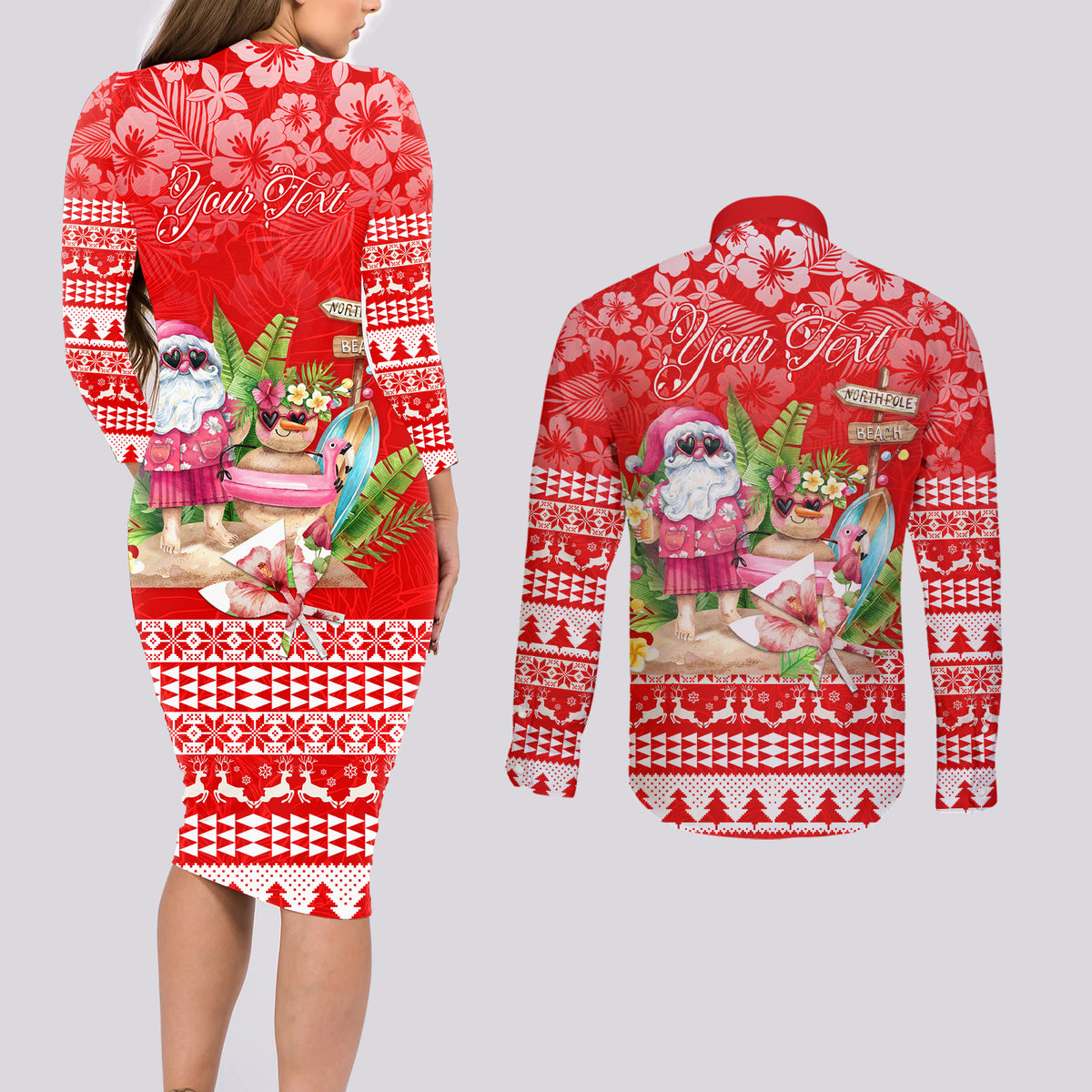 Personalised Hawaii Mele Kalikimaka Couples Matching Long Sleeve Bodycon Dress and Long Sleeve Button Shirt Santa Beach Merry Christmas LT9 - Wonder Print Shop