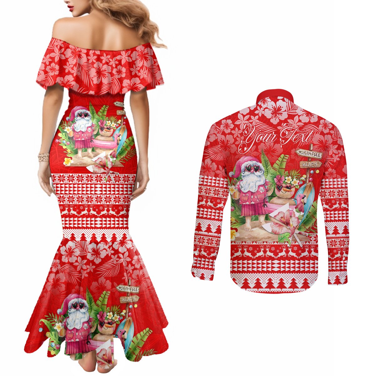 personalised-hawaii-mele-kalikimaka-couples-matching-mermaid-dress-and-long-sleeve-button-shirt-santa-beach-merry-christmas