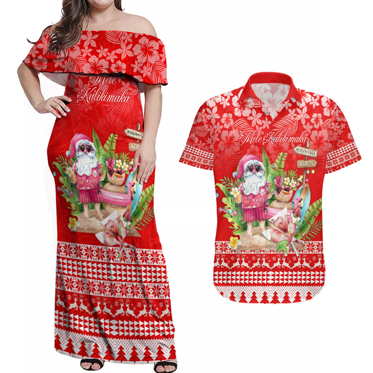 Personalised Hawaii Mele Kalikimaka Couples Matching Off Shoulder Maxi Dress and Hawaiian Shirt Santa Beach Merry Christmas LT9 - Wonder Print Shop