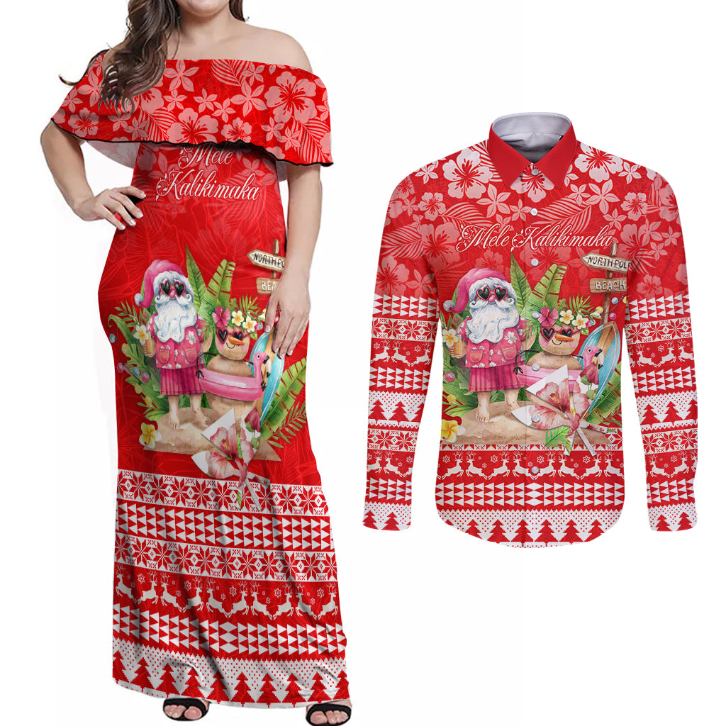 Personalised Hawaii Mele Kalikimaka Couples Matching Off Shoulder Maxi Dress and Long Sleeve Button Shirt Santa Beach Merry Christmas LT9 - Wonder Print Shop