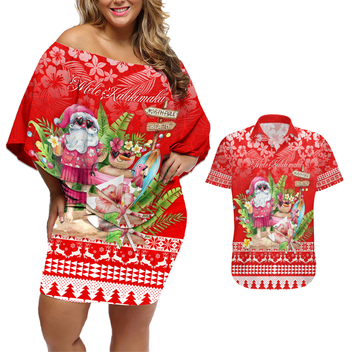 Personalised Hawaii Mele Kalikimaka Couples Matching Off Shoulder Short Dress and Hawaiian Shirt Santa Beach Merry Christmas LT9 - Wonder Print Shop