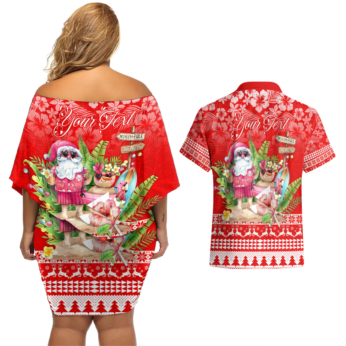 Personalised Hawaii Mele Kalikimaka Couples Matching Off Shoulder Short Dress and Hawaiian Shirt Santa Beach Merry Christmas LT9 - Wonder Print Shop