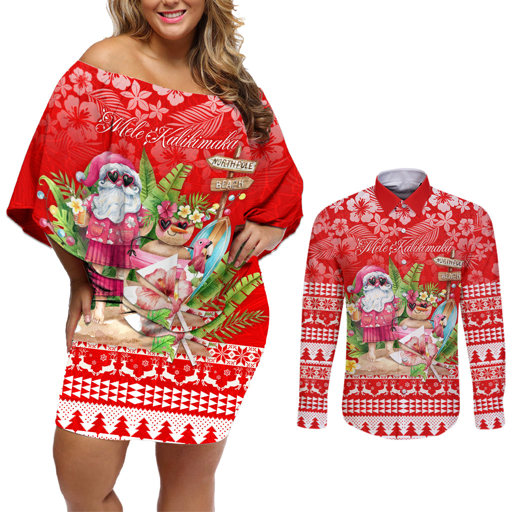 Personalised Hawaii Mele Kalikimaka Couples Matching Off Shoulder Short Dress and Long Sleeve Button Shirt Santa Beach Merry Christmas LT9 - Wonder Print Shop