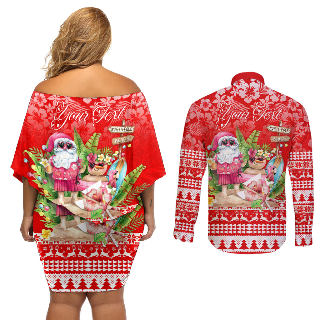 Personalised Hawaii Mele Kalikimaka Couples Matching Off Shoulder Short Dress and Long Sleeve Button Shirt Santa Beach Merry Christmas LT9 - Wonder Print Shop