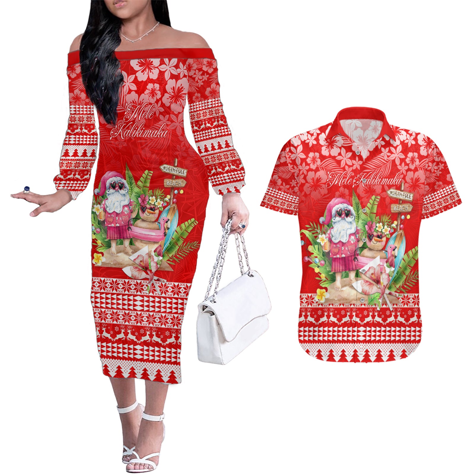 Personalised Hawaii Mele Kalikimaka Couples Matching Off The Shoulder Long Sleeve Dress and Hawaiian Shirt Santa Beach Merry Christmas LT9 - Wonder Print Shop