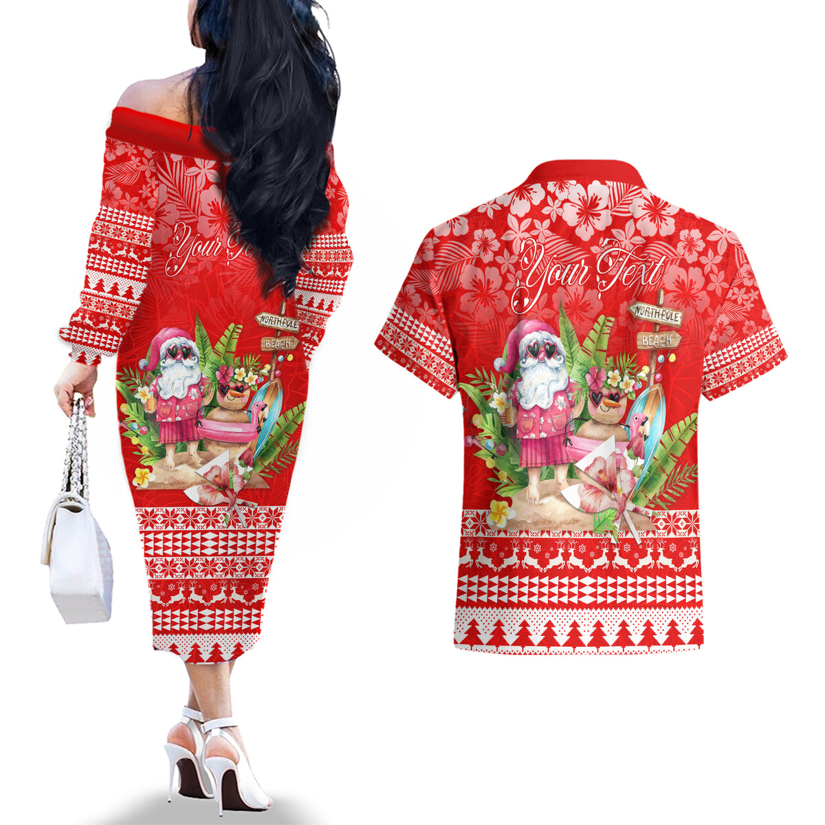 Personalised Hawaii Mele Kalikimaka Couples Matching Off The Shoulder Long Sleeve Dress and Hawaiian Shirt Santa Beach Merry Christmas LT9 - Wonder Print Shop