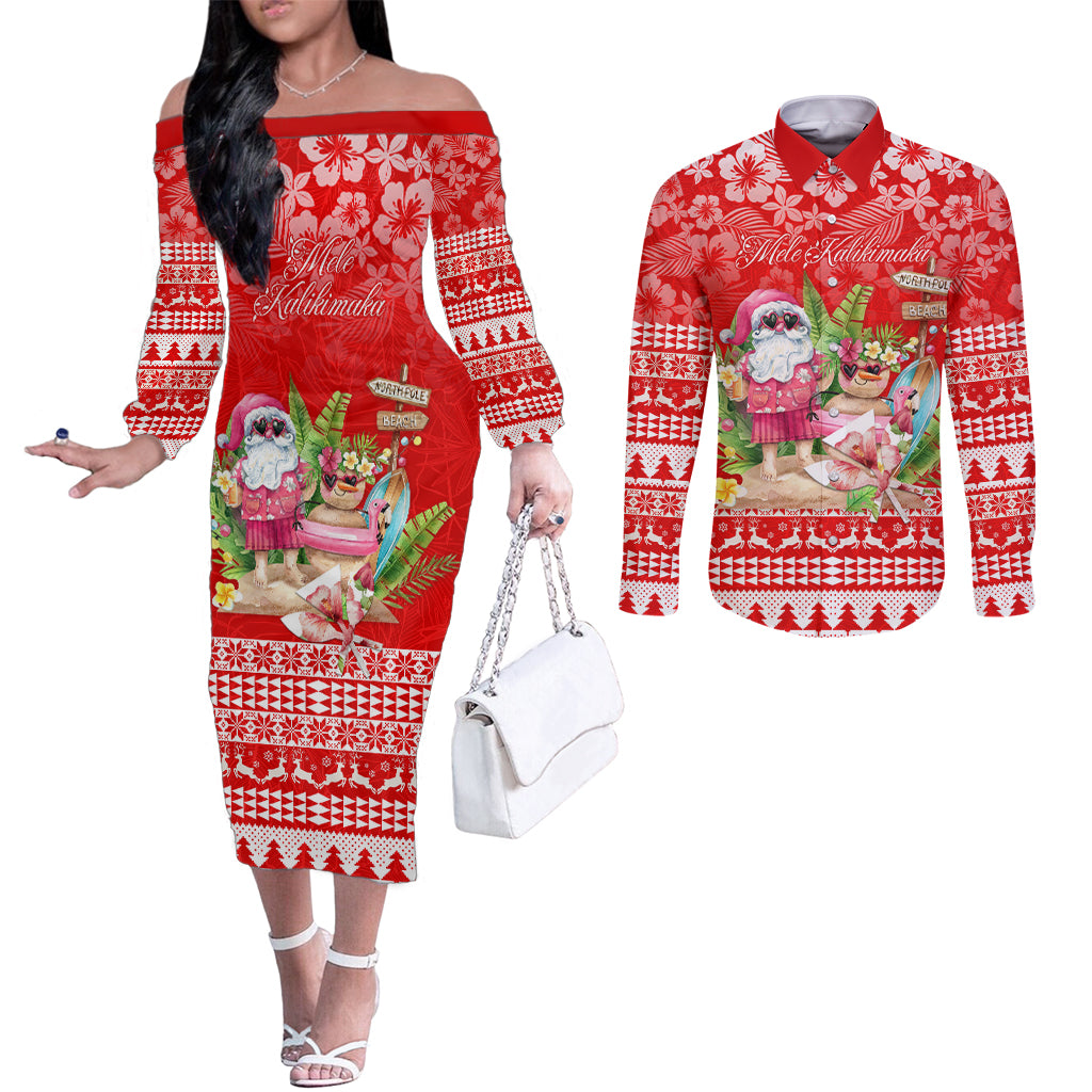 personalised-hawaii-mele-kalikimaka-couples-matching-off-the-shoulder-long-sleeve-dress-and-long-sleeve-button-shirt-santa-beach-merry-christmas
