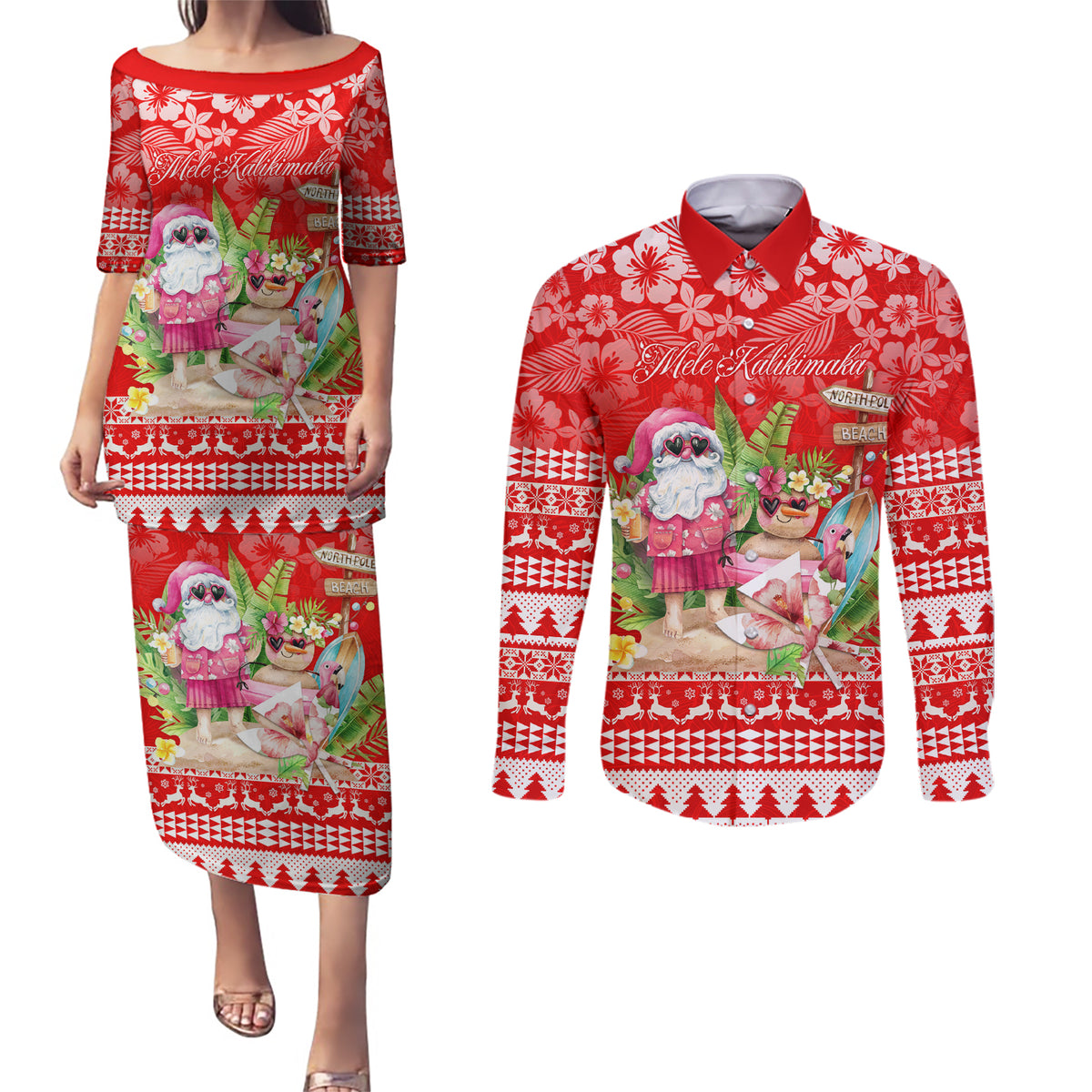 Personalised Hawaii Mele Kalikimaka Couples Matching Puletasi Dress and Long Sleeve Button Shirt Santa Beach Merry Christmas LT9 - Wonder Print Shop