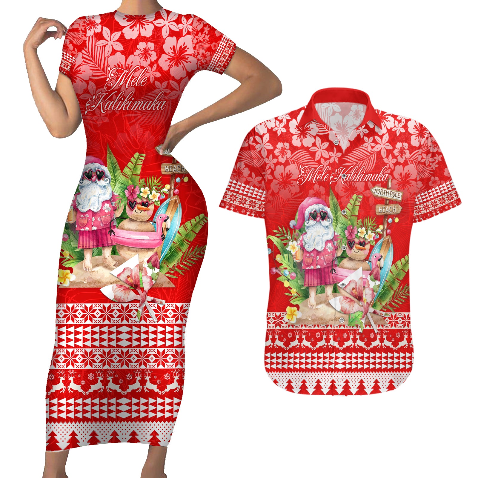 Personalised Hawaii Mele Kalikimaka Couples Matching Short Sleeve Bodycon Dress and Hawaiian Shirt Santa Beach Merry Christmas LT9 - Wonder Print Shop