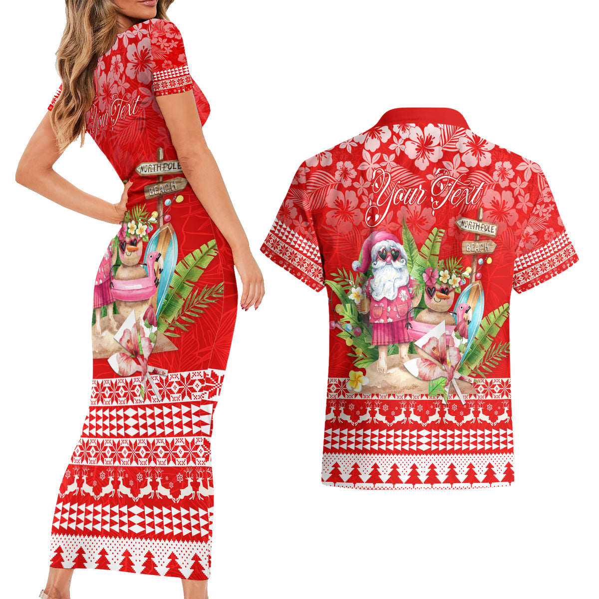 Personalised Hawaii Mele Kalikimaka Couples Matching Short Sleeve Bodycon Dress and Hawaiian Shirt Santa Beach Merry Christmas LT9 - Wonder Print Shop