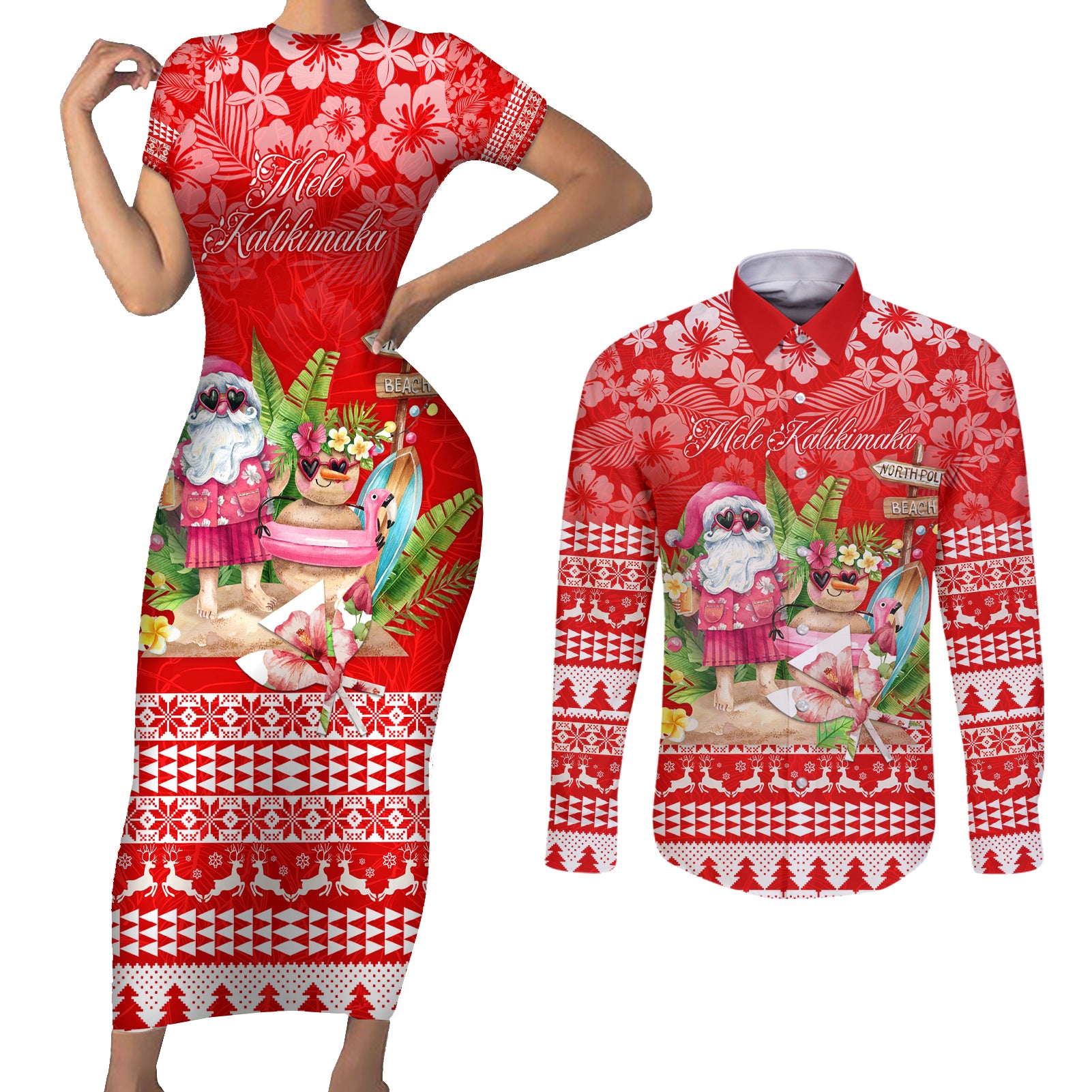 Personalised Hawaii Mele Kalikimaka Couples Matching Short Sleeve Bodycon Dress and Long Sleeve Button Shirt Santa Beach Merry Christmas LT9 - Wonder Print Shop