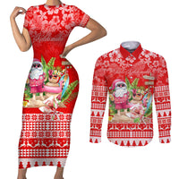 Personalised Hawaii Mele Kalikimaka Couples Matching Short Sleeve Bodycon Dress and Long Sleeve Button Shirt Santa Beach Merry Christmas LT9 - Wonder Print Shop