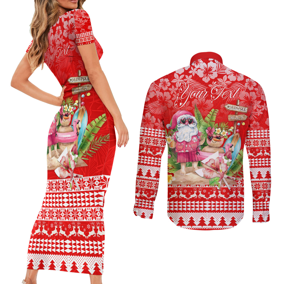 Personalised Hawaii Mele Kalikimaka Couples Matching Short Sleeve Bodycon Dress and Long Sleeve Button Shirt Santa Beach Merry Christmas LT9 - Wonder Print Shop