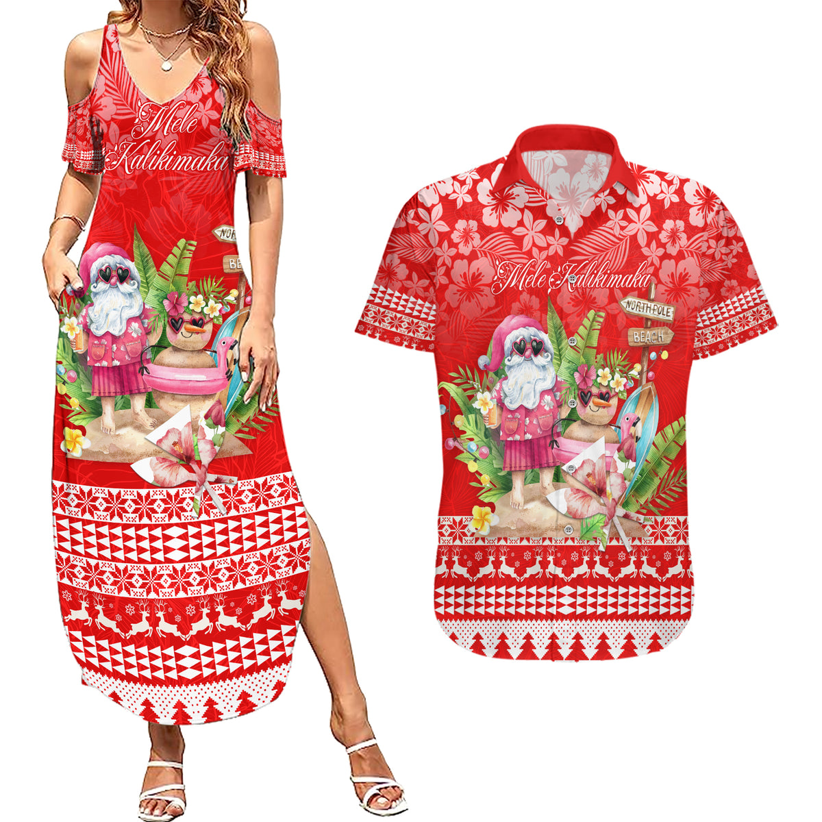 Personalised Hawaii Mele Kalikimaka Couples Matching Summer Maxi Dress and Hawaiian Shirt Santa Beach Merry Christmas LT9 - Wonder Print Shop