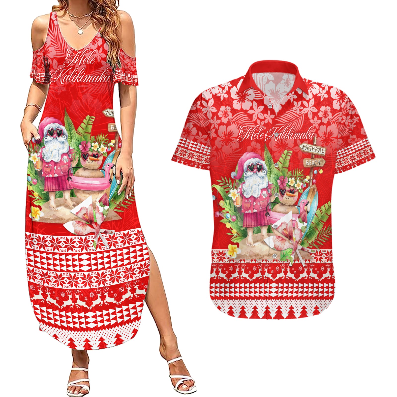 Personalised Hawaii Mele Kalikimaka Couples Matching Summer Maxi Dress and Hawaiian Shirt Santa Beach Merry Christmas LT9 - Wonder Print Shop