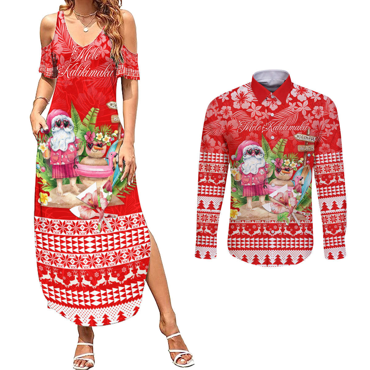 Personalised Hawaii Mele Kalikimaka Couples Matching Summer Maxi Dress and Long Sleeve Button Shirt Santa Beach Merry Christmas LT9 - Wonder Print Shop
