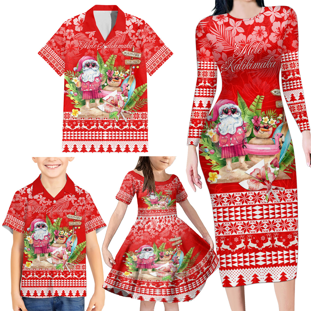 Personalised Hawaii Mele Kalikimaka Family Matching Long Sleeve Bodycon Dress and Hawaiian Shirt Santa Beach Merry Christmas LT9 - Wonder Print Shop
