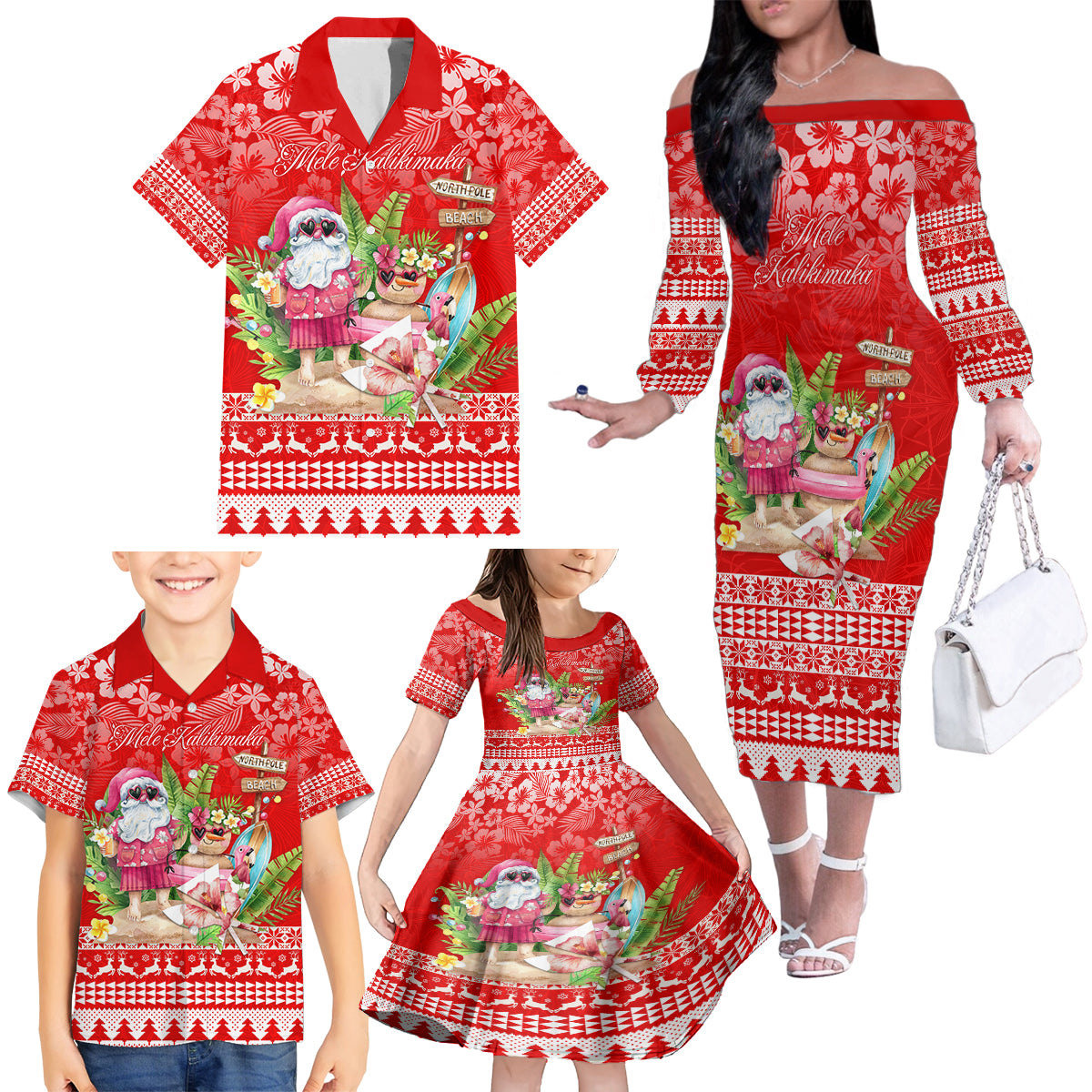 Personalised Hawaii Mele Kalikimaka Family Matching Off Shoulder Long Sleeve Dress and Hawaiian Shirt Santa Beach Merry Christmas - Wonder Print Shop