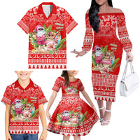 Personalised Hawaii Mele Kalikimaka Family Matching Off Shoulder Long Sleeve Dress and Hawaiian Shirt Santa Beach Merry Christmas - Wonder Print Shop