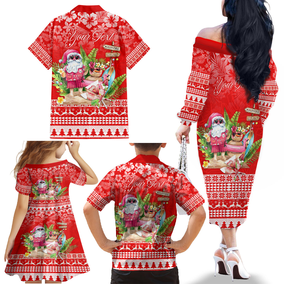Personalised Hawaii Mele Kalikimaka Family Matching Off Shoulder Long Sleeve Dress and Hawaiian Shirt Santa Beach Merry Christmas - Wonder Print Shop