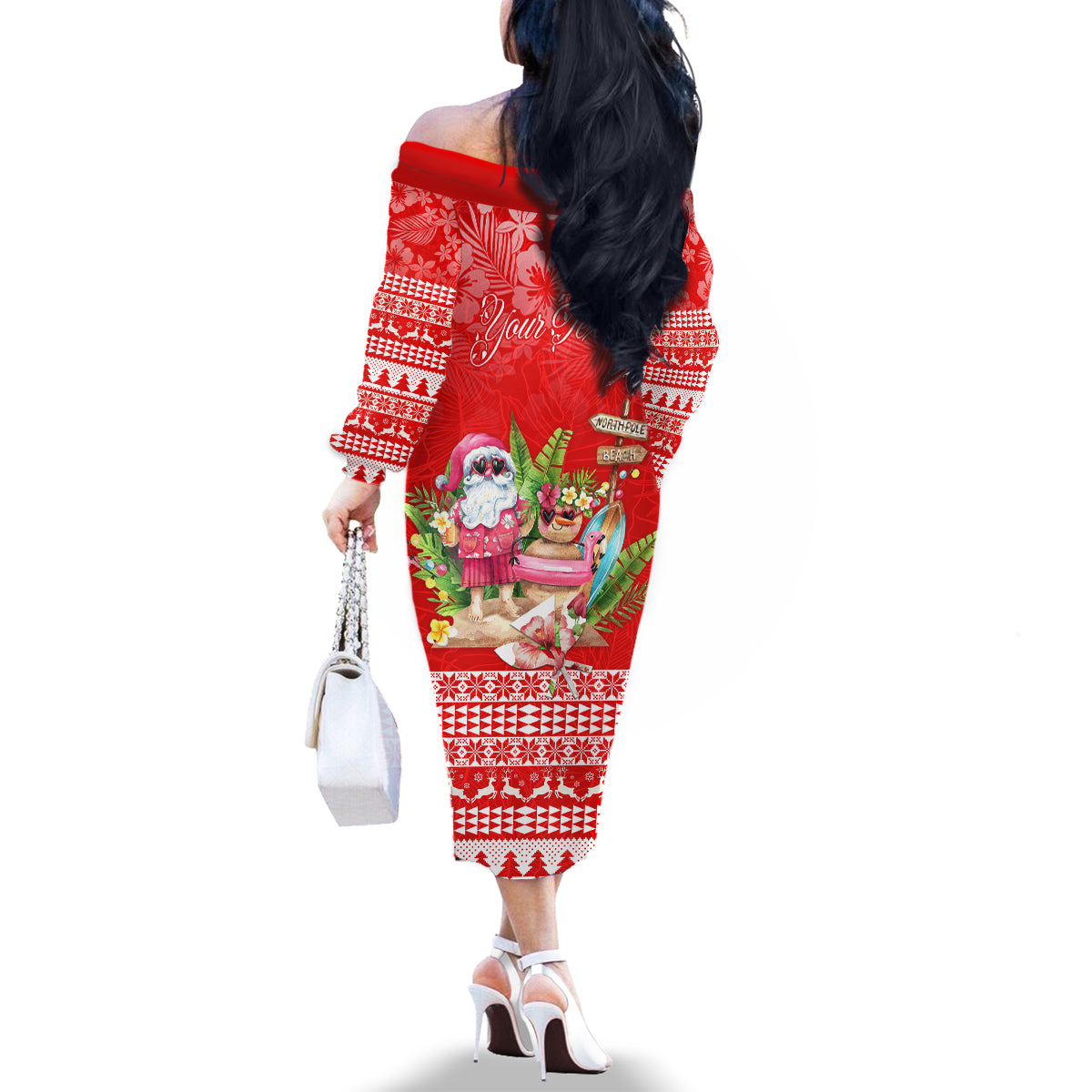 Personalised Hawaii Mele Kalikimaka Family Matching Off Shoulder Long Sleeve Dress and Hawaiian Shirt Santa Beach Merry Christmas - Wonder Print Shop
