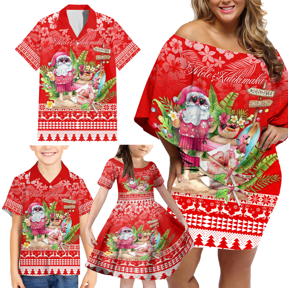 Personalised Hawaii Mele Kalikimaka Family Matching Off Shoulder Short Dress and Hawaiian Shirt Santa Beach Merry Christmas LT9 - Wonder Print Shop