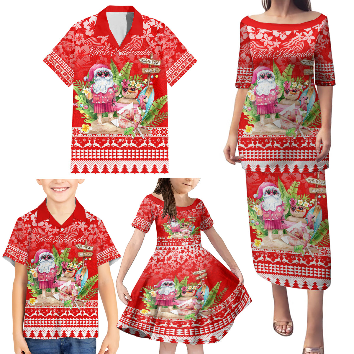 Personalised Hawaii Mele Kalikimaka Family Matching Puletasi Dress and Hawaiian Shirt Santa Beach Merry Christmas - Wonder Print Shop