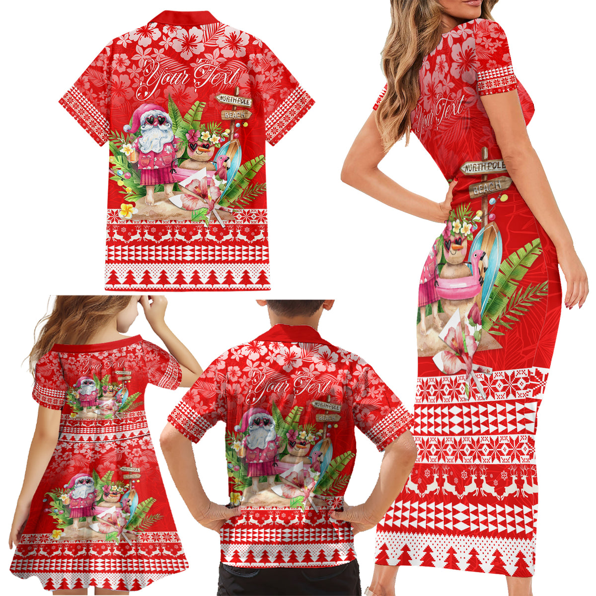Personalised Hawaii Mele Kalikimaka Family Matching Short Sleeve Bodycon Dress and Hawaiian Shirt Santa Beach Merry Christmas - Wonder Print Shop