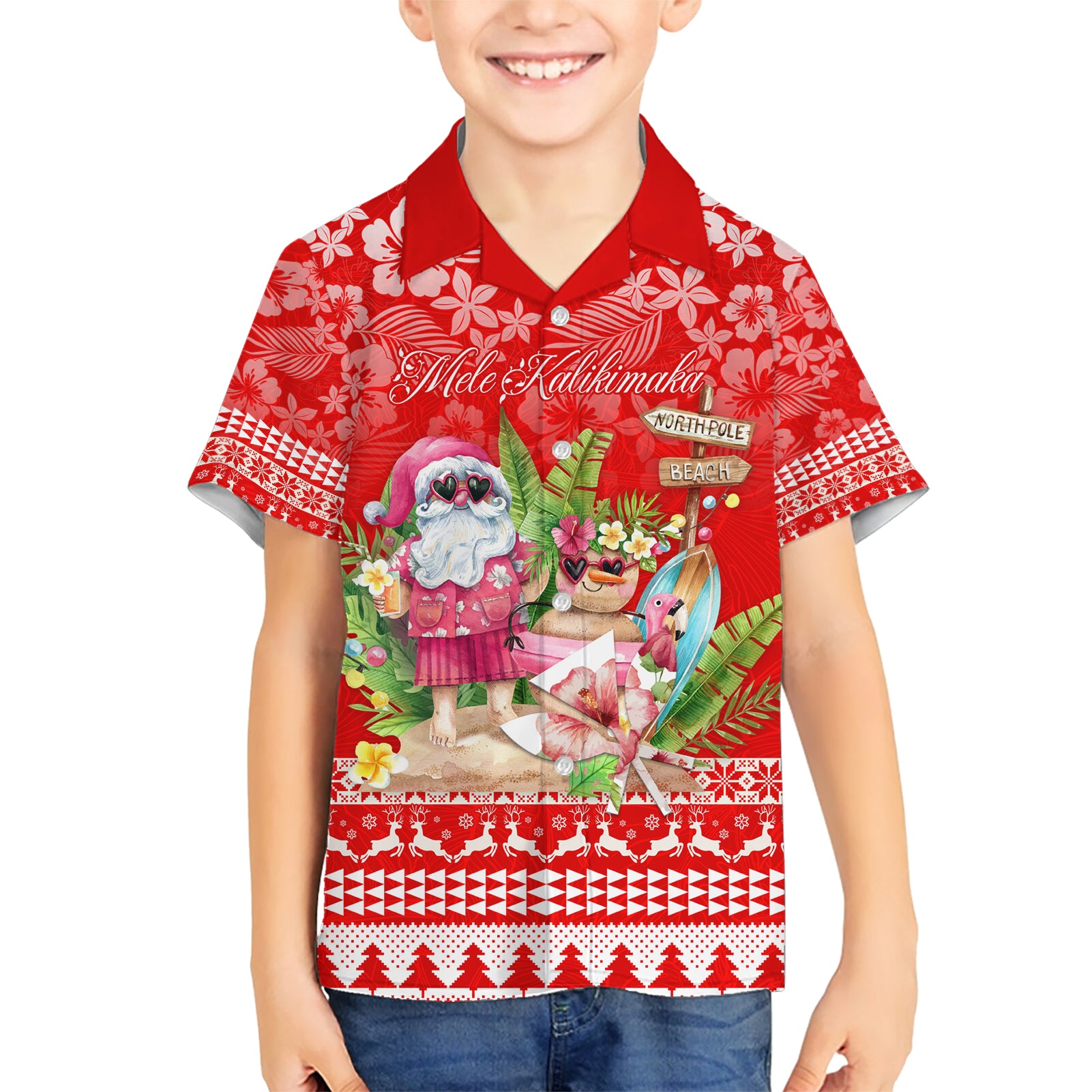 Personalised Hawaii Mele Kalikimaka Kid Hawaiian Shirt Santa Beach Merry Christmas - Wonder Print Shop