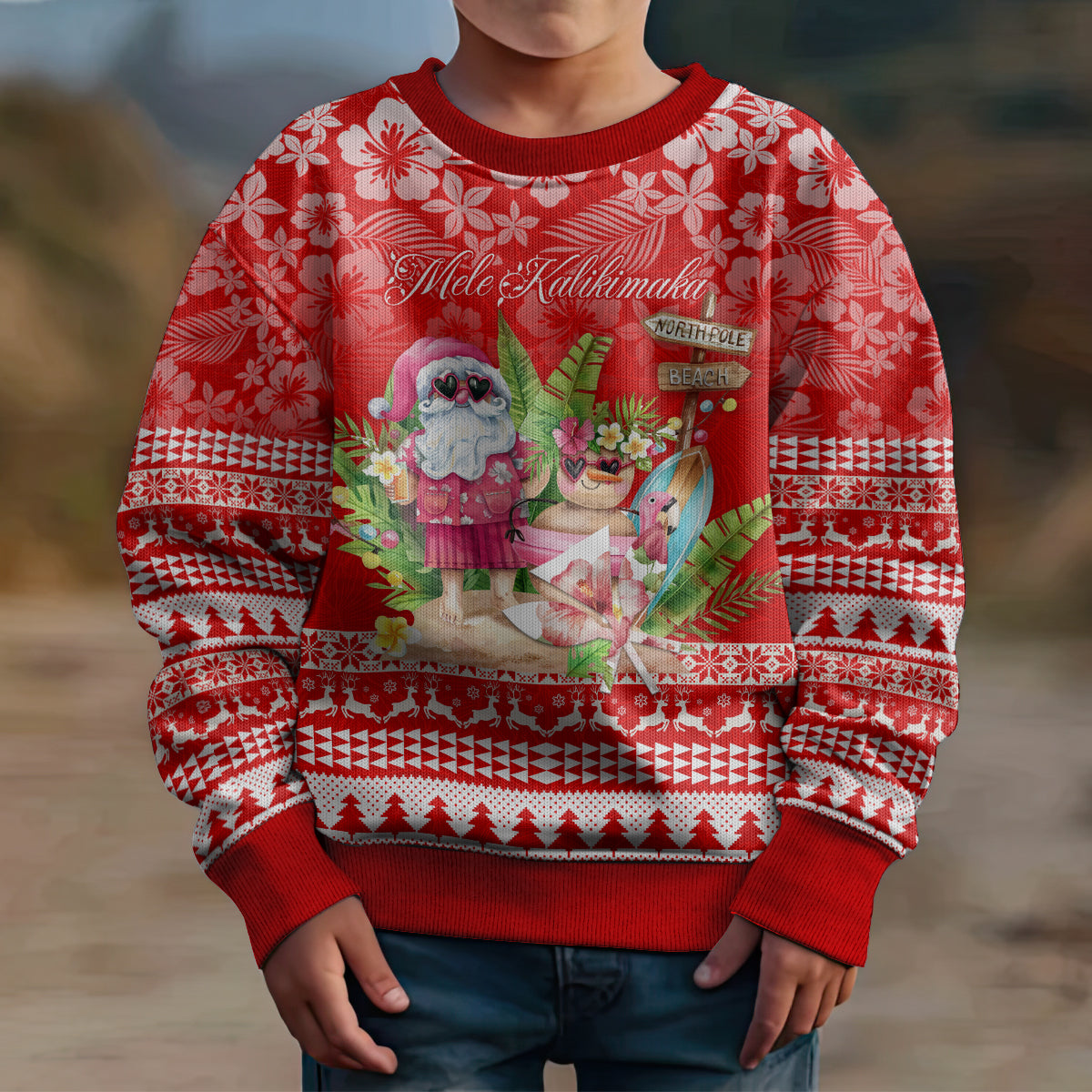 Personalised Hawaii Mele Kalikimaka Kid Ugly Christmas Sweater Santa Beach Merry Christmas - Wonder Print Shop