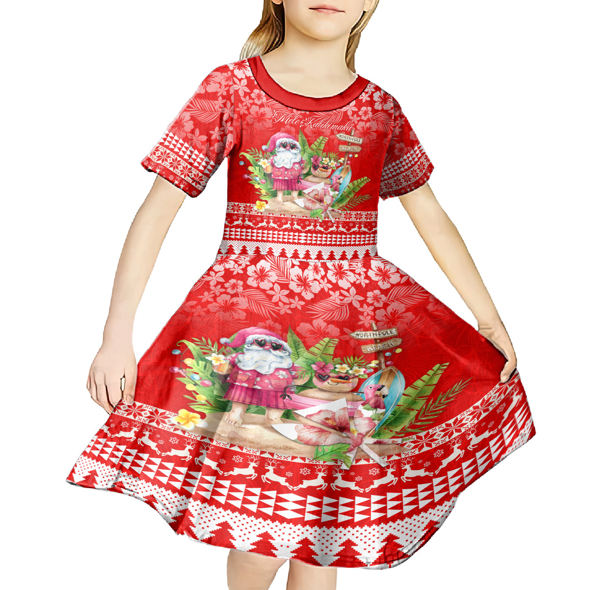 Personalised Hawaii Mele Kalikimaka Kid Short Sleeve Dress Santa Beach Merry Christmas - Wonder Print Shop