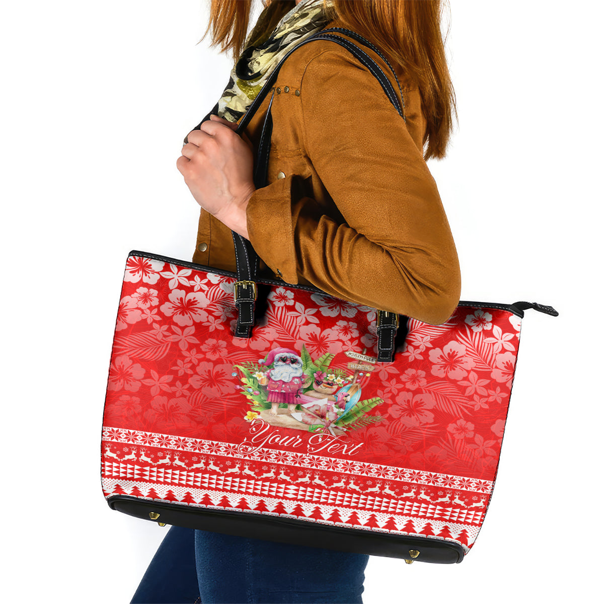 Personalised Hawaii Mele Kalikimaka Leather Tote Bag Santa Beach Merry Christmas - Wonder Print Shop