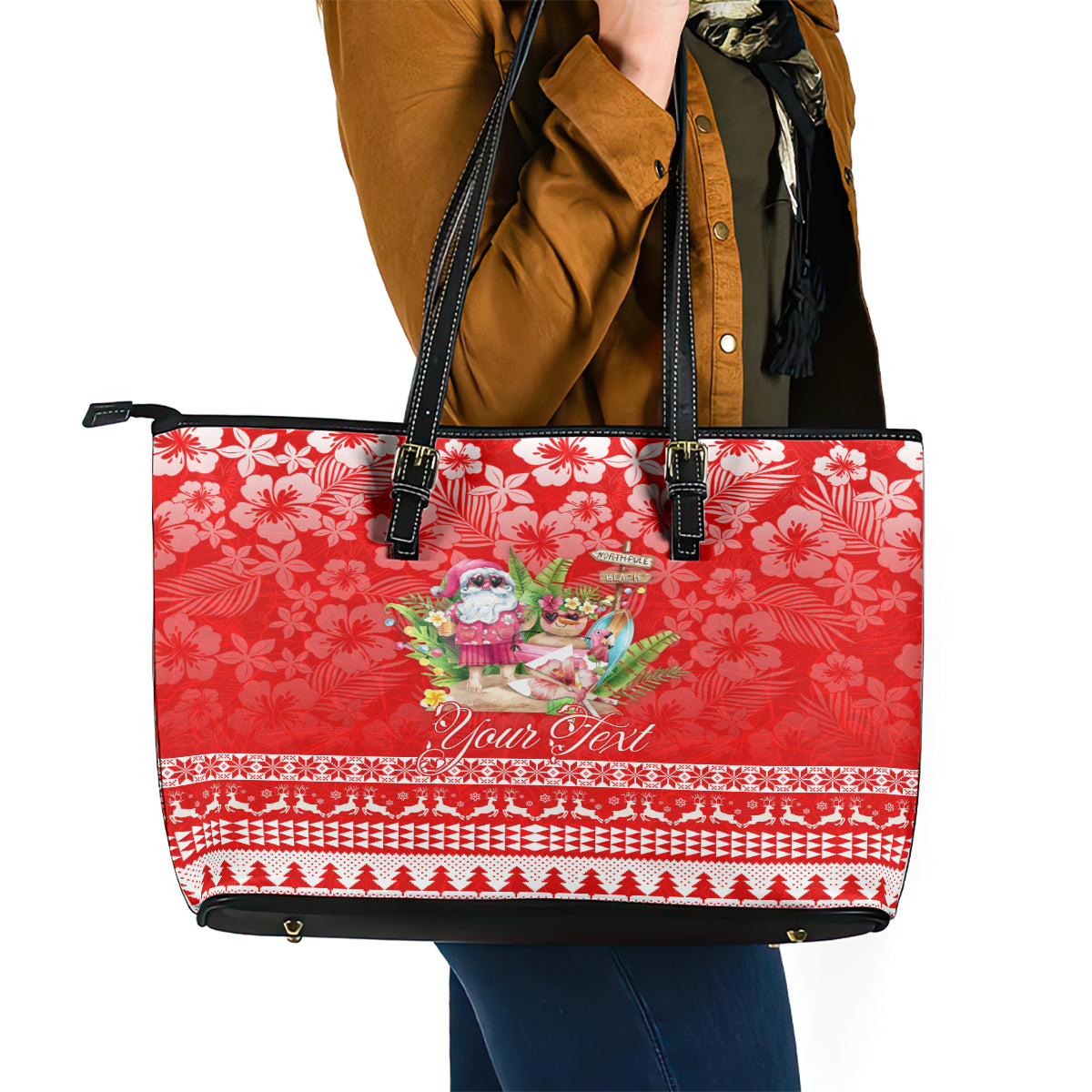 Personalised Hawaii Mele Kalikimaka Leather Tote Bag Santa Beach Merry Christmas - Wonder Print Shop