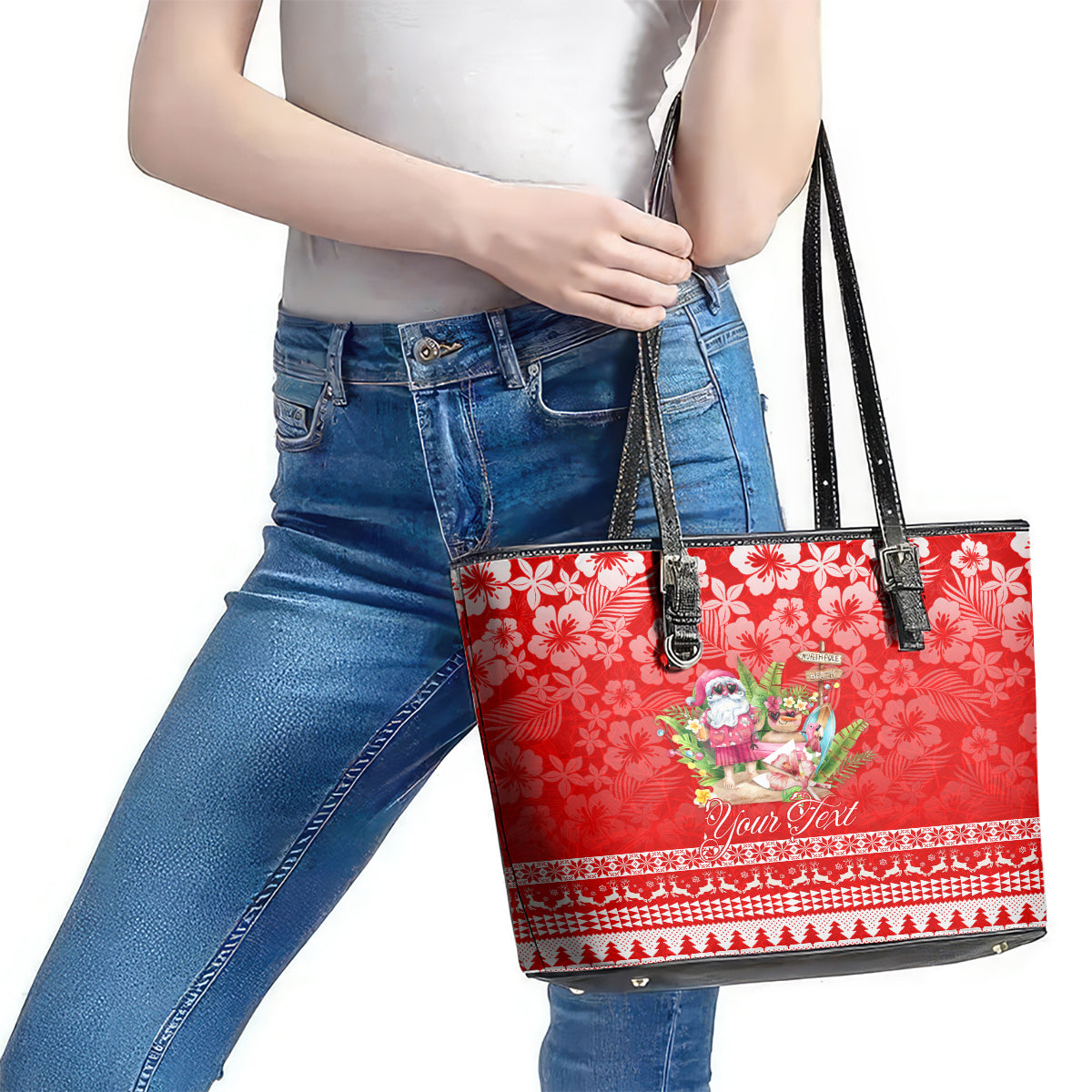 Personalised Hawaii Mele Kalikimaka Leather Tote Bag Santa Beach Merry Christmas - Wonder Print Shop