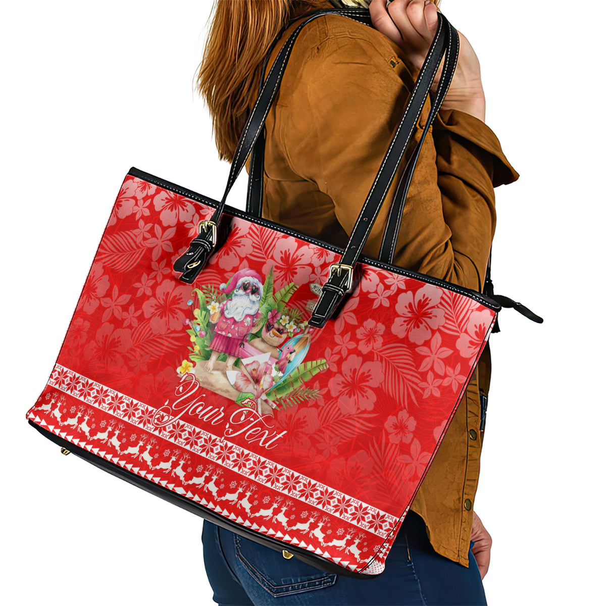 Personalised Hawaii Mele Kalikimaka Leather Tote Bag Santa Beach Merry Christmas - Wonder Print Shop