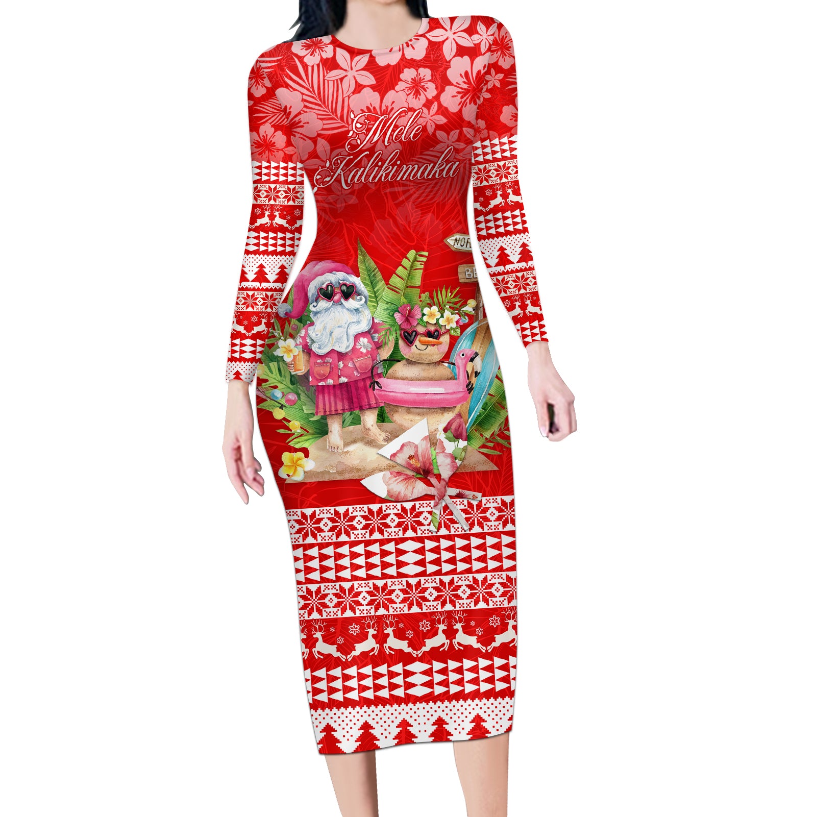 Personalised Hawaii Mele Kalikimaka Long Sleeve Bodycon Dress Santa Beach Merry Christmas - Wonder Print Shop