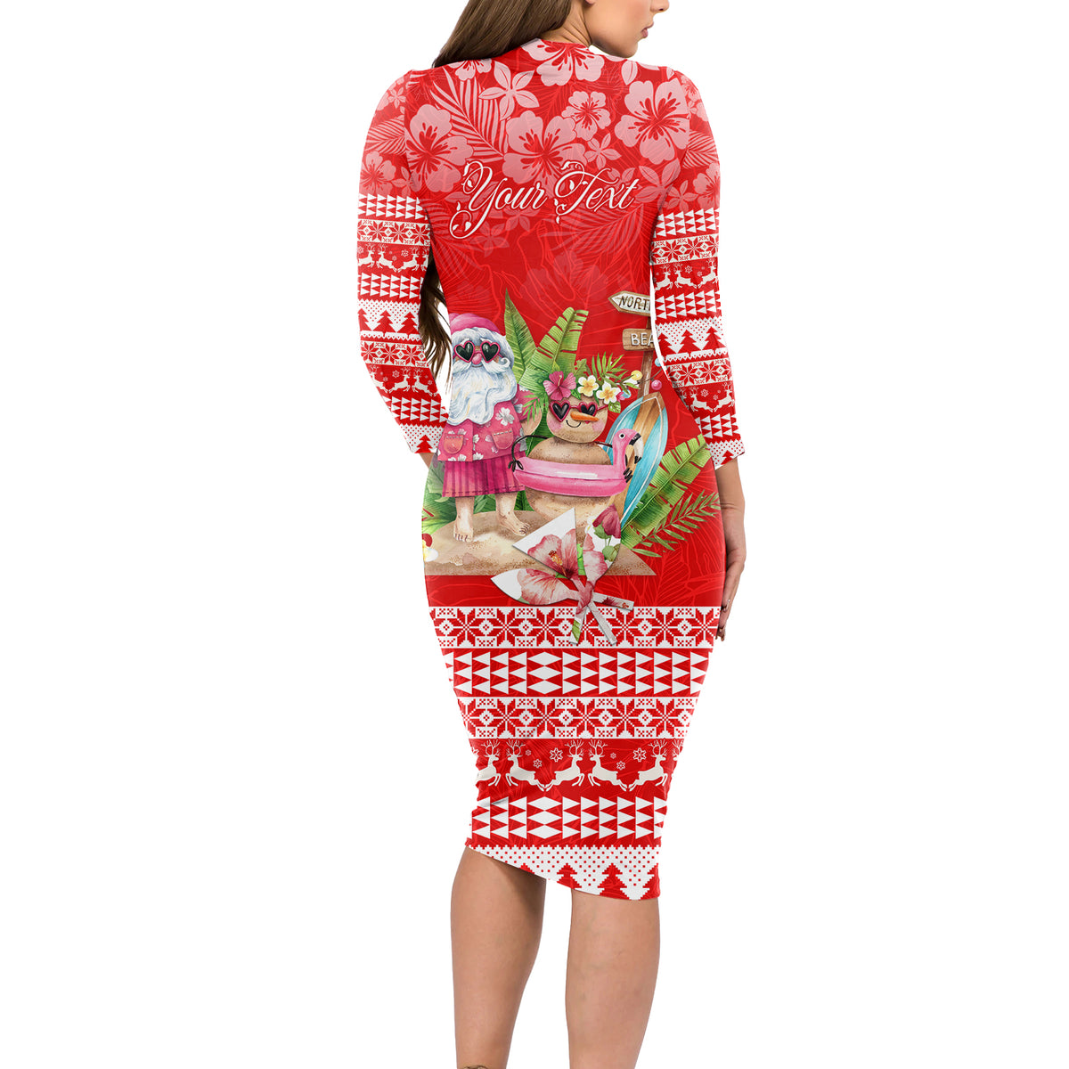 Personalised Hawaii Mele Kalikimaka Long Sleeve Bodycon Dress Santa Beach Merry Christmas - Wonder Print Shop