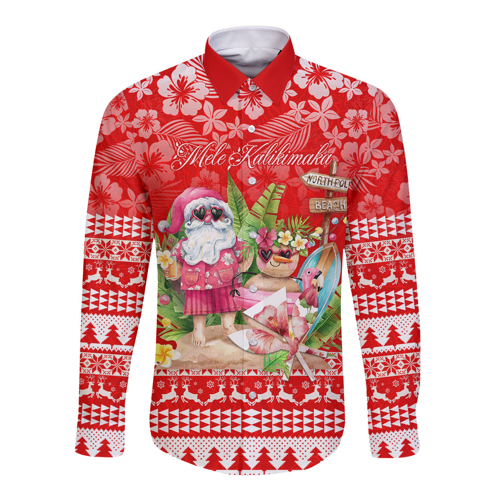 Personalised Hawaii Mele Kalikimaka Long Sleeve Button Shirt Santa Beach Merry Christmas - Wonder Print Shop