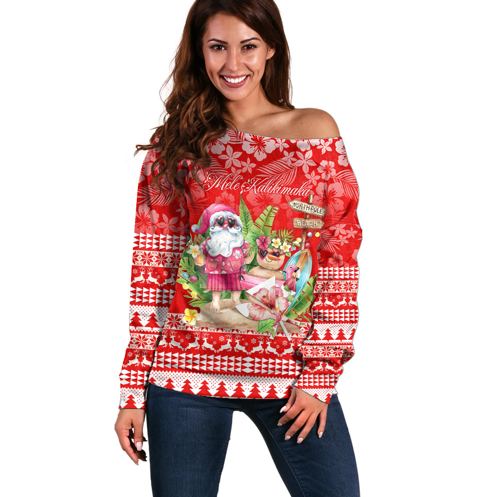 Personalised Hawaii Mele Kalikimaka Off Shoulder Sweater Santa Beach Merry Christmas - Wonder Print Shop