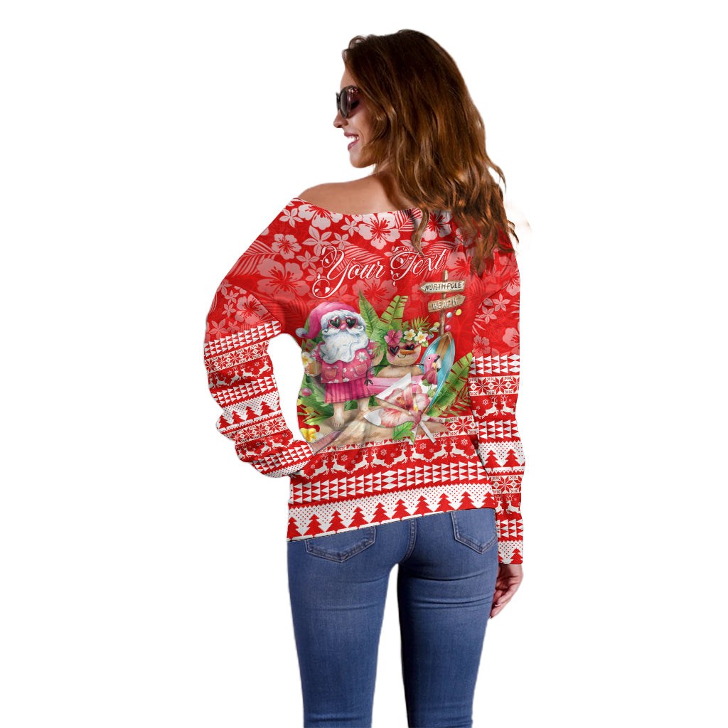 Personalised Hawaii Mele Kalikimaka Off Shoulder Sweater Santa Beach Merry Christmas - Wonder Print Shop