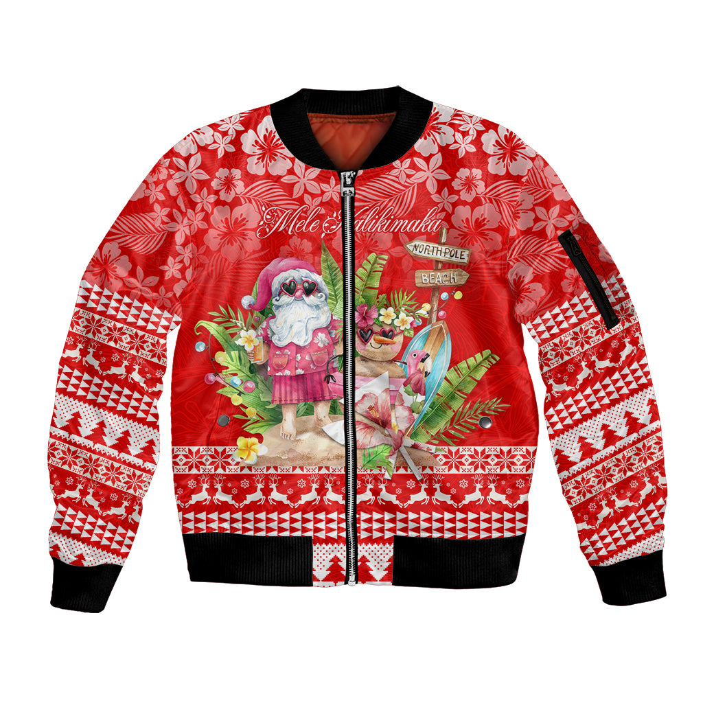 Personalised Hawaii Mele Kalikimaka Sleeve Zip Bomber Jacket Santa Beach Merry Christmas - Wonder Print Shop